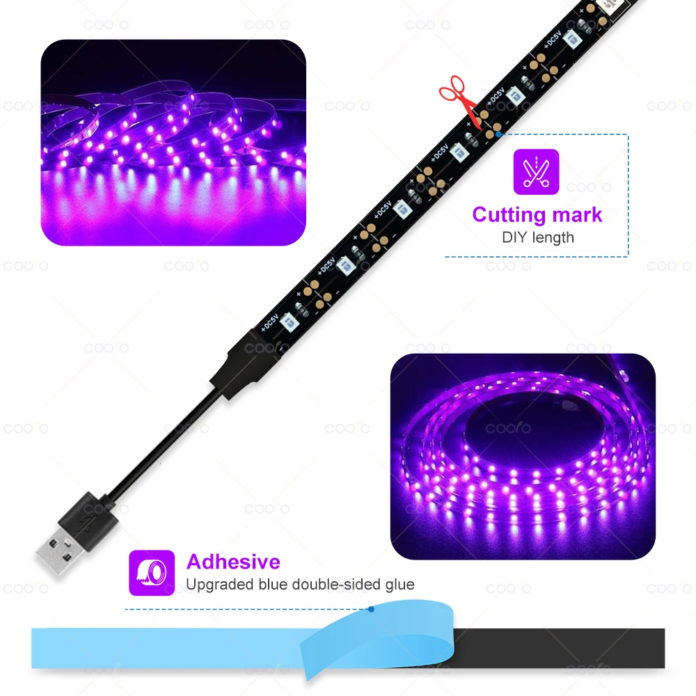 UV LED Light Strip Flexible LED Strip Light Ultraviolet UV Lamp 395-405nm Black Light 2835 SMD DC5V LED Ribbon For Glow Party