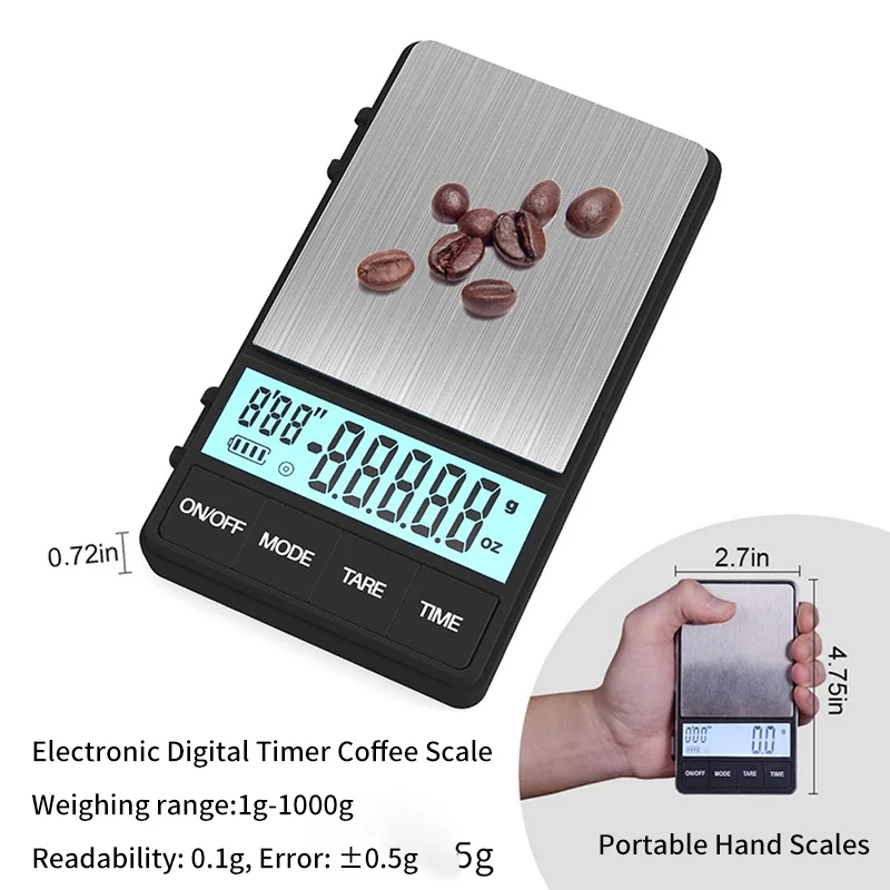 Pocket Small Coffee Scale 1000 x 0.1g Digital Gram Scale with Timer Large LCD Screen Espresso Coffee Scale Gold Jewelry Scale