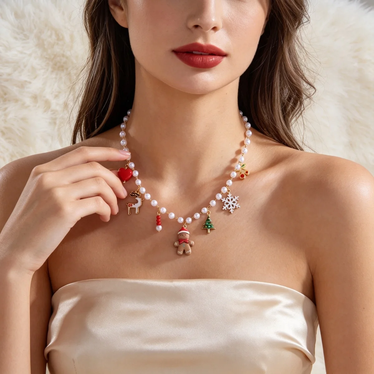 Weihnachts-Halskette mit Lebkuchenmann, Weihnachtsbaum, Hirsch, Schneeflocke, simulierten Perlen für Damen und Herren, Weihnachtsmann-Glocken, Choker, Party-Schmuck – Detail 11
