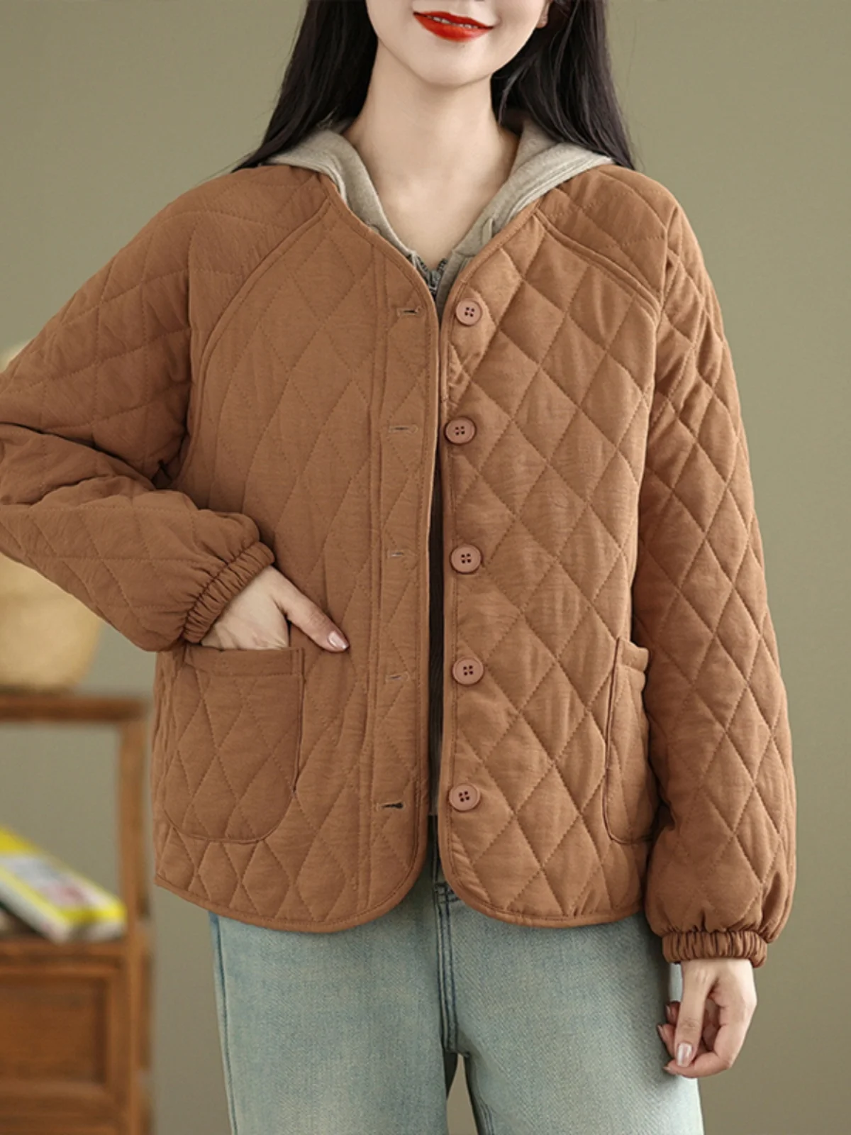 

Стеганая хлопковая куртка с геометрическим рисунком в стиле ретро, женская теплая верхняя одежда свободного покроя V-Ne Long Sve Winter Faion, элитное ощущение