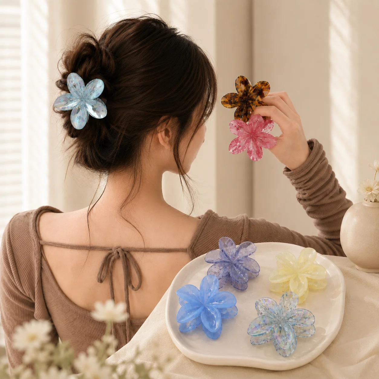 Hawaiian Flower Hair Claw Clip Women Girls Gradient Color Beach Style Plastic Shark Hair Clamp Non Slip Daily Hair Accessories