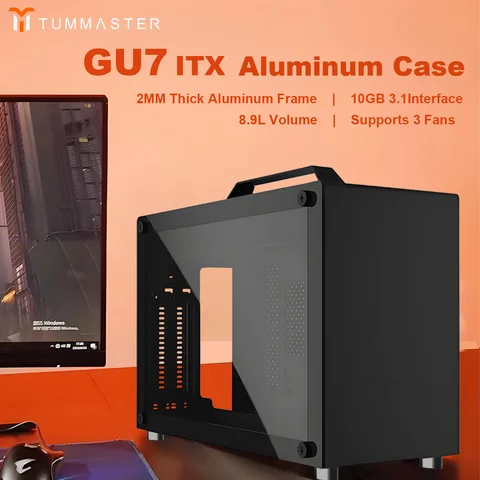 TUMMASTER GU7 Small Aluminum PC Case Supporting ITX Motherboards, Side Tempered Glass Desktop Portable MINI Computer Chassis