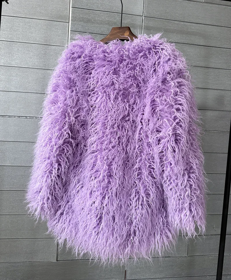 Mongolia Sheep Fur Women Medium Long Coat Jacket Colorful Warm Faux Fur Plush Coats Female Jacket Autumn Winter Furry Outerwear