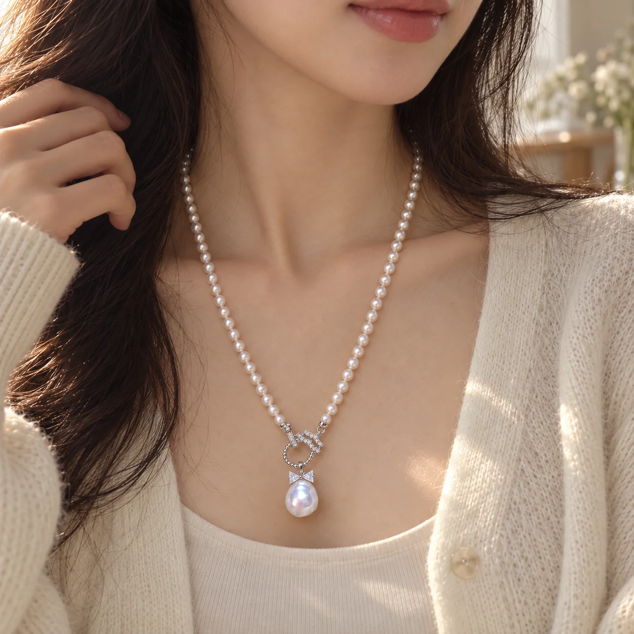 Natural Freshwater Pearl Necklace for Women, 4-5mm Near Round Pearl Strand with Baroque Pearl Pendant, 52cm Elegant Jewelry Gift