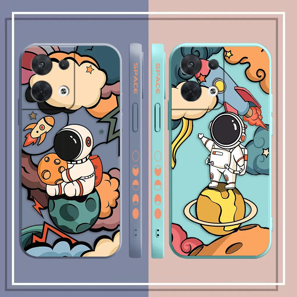 Cartoon Space Rocket Astronaut Phone Case For OPPO RENO 10 8 8T 7 6 5 4 3 4G 5G PRO PLUS Colour Liquid Silicone Case Funda Shell