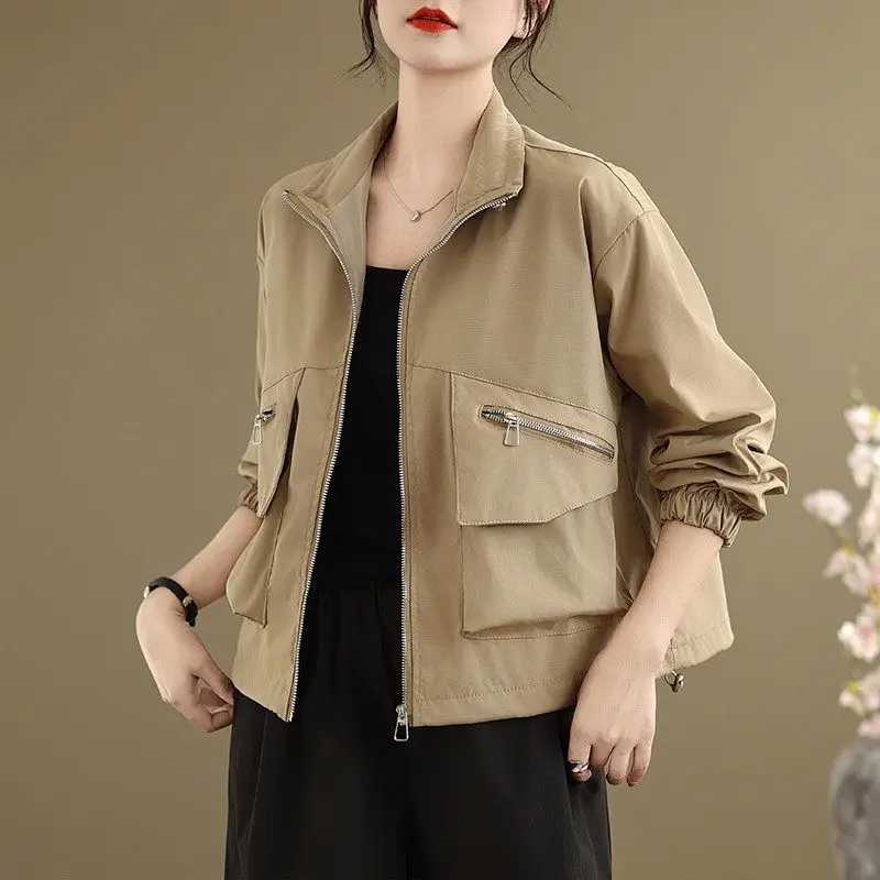 2025 Large Size Women's Stand Collar Windbreaker Jacket Outdoor Hiking Coat Spring Autumn Casual Multi-Pocket Outerwear G034