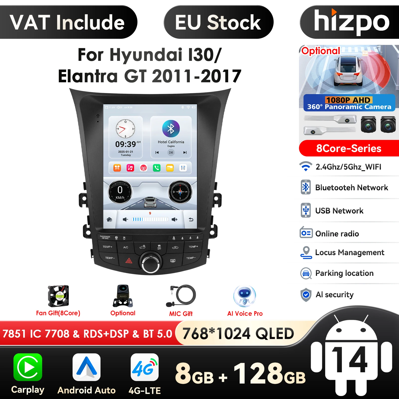 Hizpo Carplay Android 14 Autoradio für Hyundai I30 GD Elantra GT 2011–2017 Auto Multimedia Video Player GPS Navigation Stereo