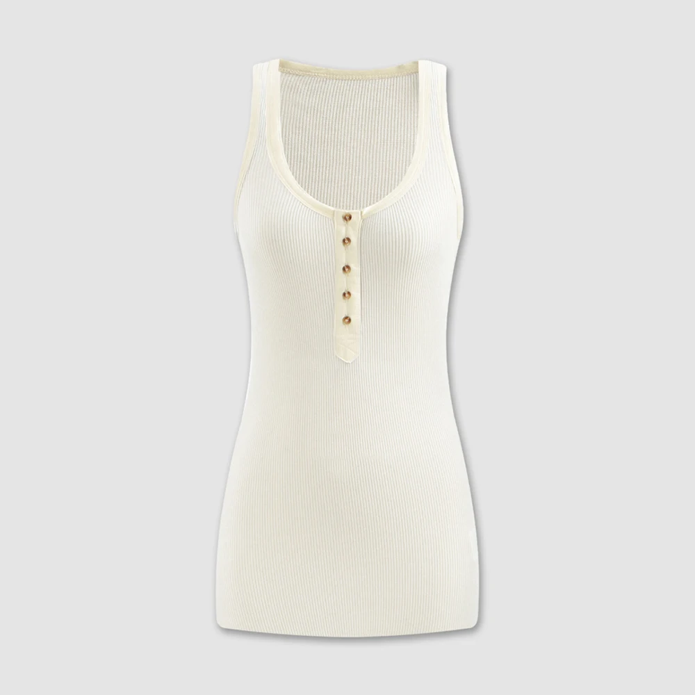 Women's Wool Blend Ribbed Tank Top Button Front Scoop Neck Sleeveless Knit Camisole Casual Slim Fit Basic Henley Top for Summer