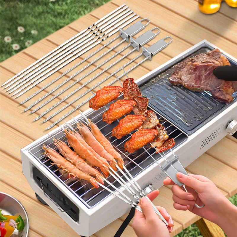 Stainless Steel Grill Skewer Semi Automatic Push Feature Double Prong Barbecue Meat Fork Outdoor Camping Cooking Gear