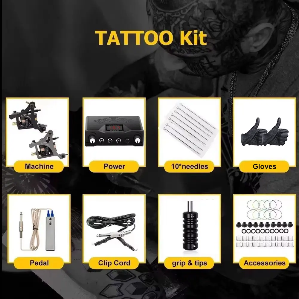 Coils Tattoo Machine Kit with Power Supply Foot Pedal Needles Tattoo Coil Gun Kit for Beginners Liner Shader Tattoo Training Set