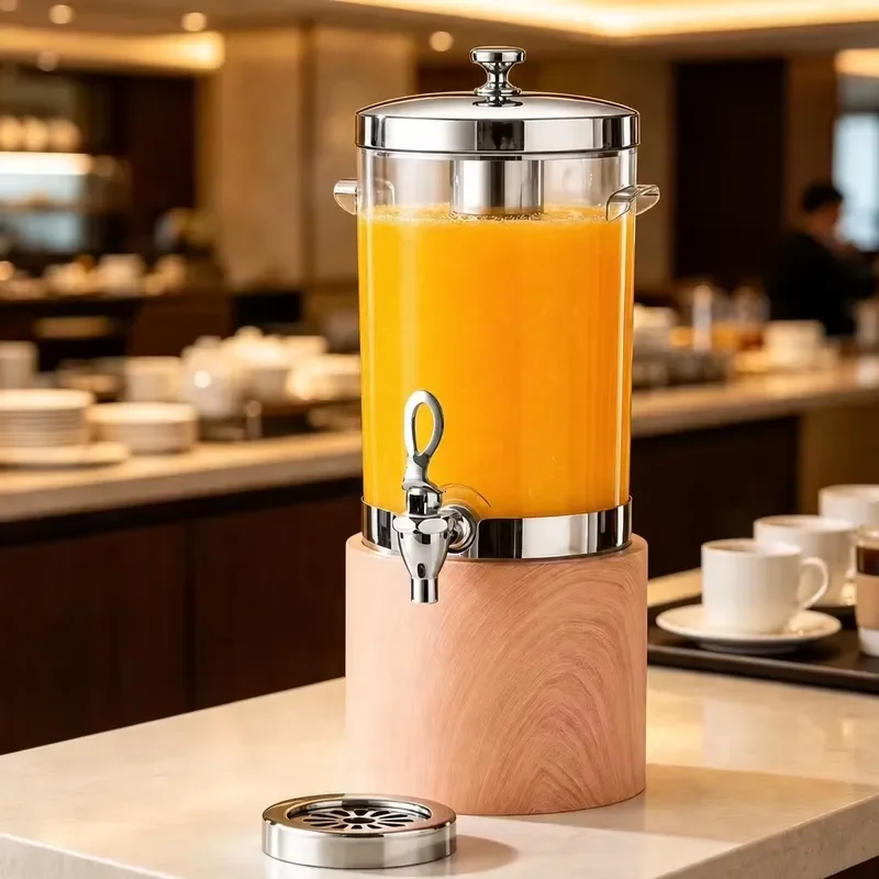 5.8 liters light brown wood grain stainless steel beverage/juice dispenser with faucet and ice core for hotel restaurant
