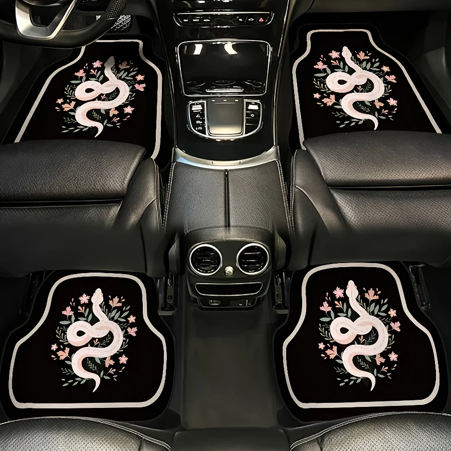 4pcs Universal Fit Car Floor Mats Set - Easy Clean, Decorative Auto Mats For Pet-Friendly Families - Animal Snake Pattern, Black