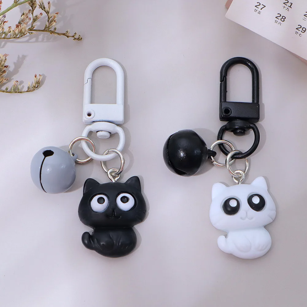 Cute Cartoon Black and White Cat Keychain with Bell Versatile Headphone Case for Girls Bag Pendant, Children's Best Friend Gift