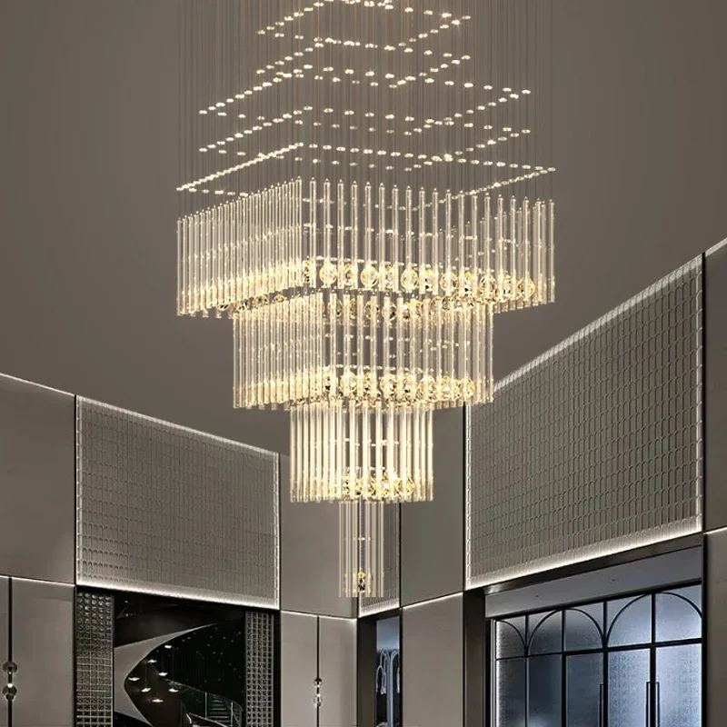 Luxury Large Foyer Chandelier Living Room Columnar Crystal Hanging Lamp Square Base Light Fixture Staircase Loft Cristal Lustre