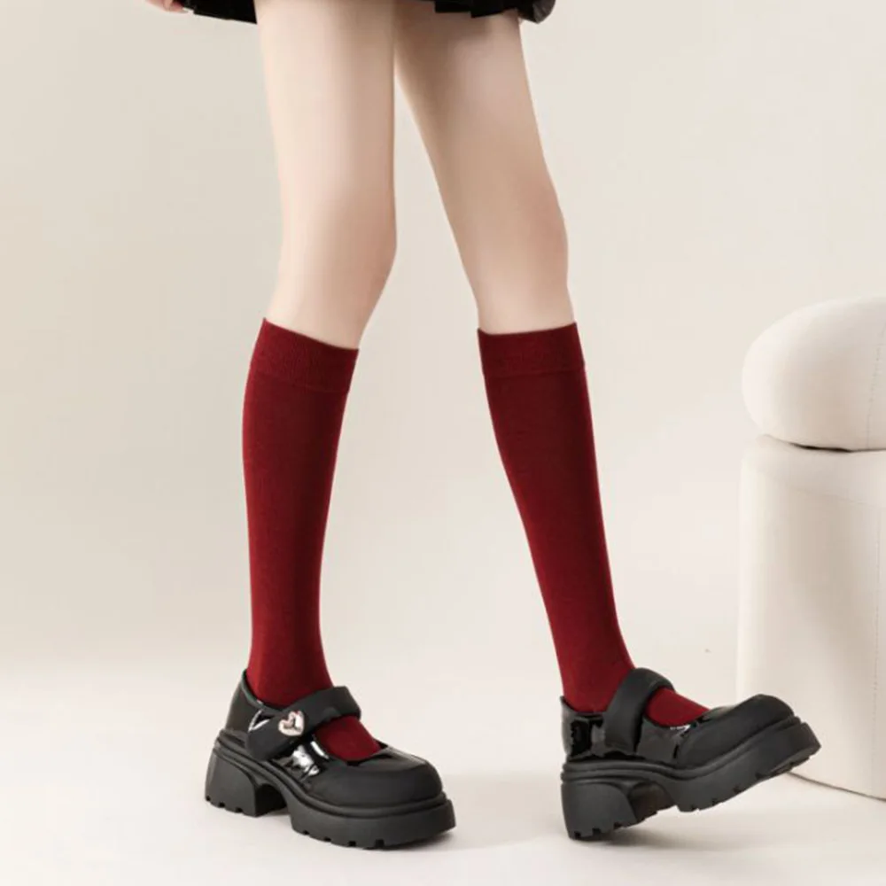 2 Pair Red Lower Leg Socks Women Fashionable Casual Solid Color Middle Tube Woman Socks Autumn Winter Long Soft Home Floor Socks