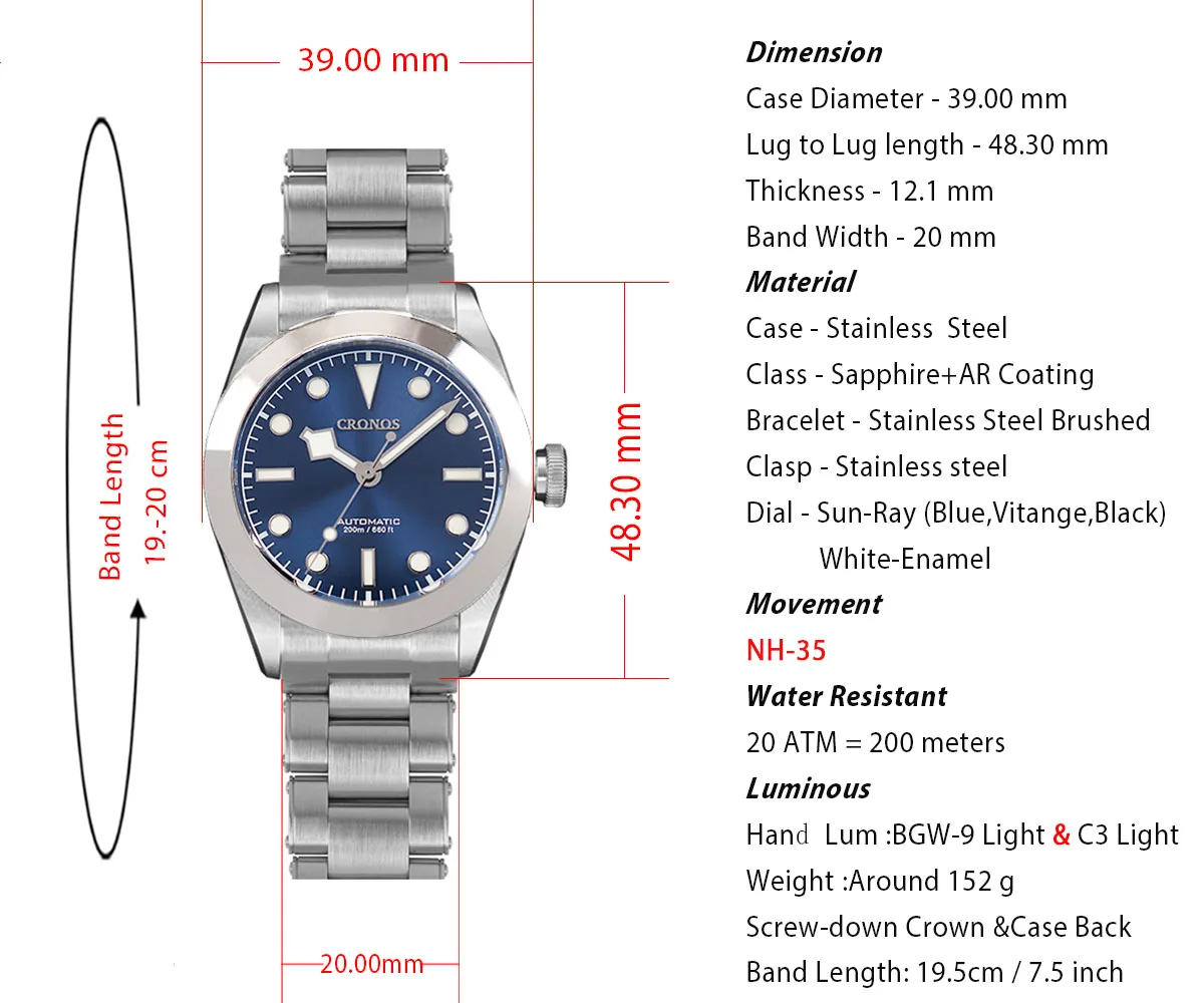 Imagem -06 - Cronos-relógio de Mergulho Masculino Bb39 Pt5000 Sw200 Automático Mecânico Sapphire Bgw-9 Luminoso 200m Impermeável Relógio de Pulso de Mergulho