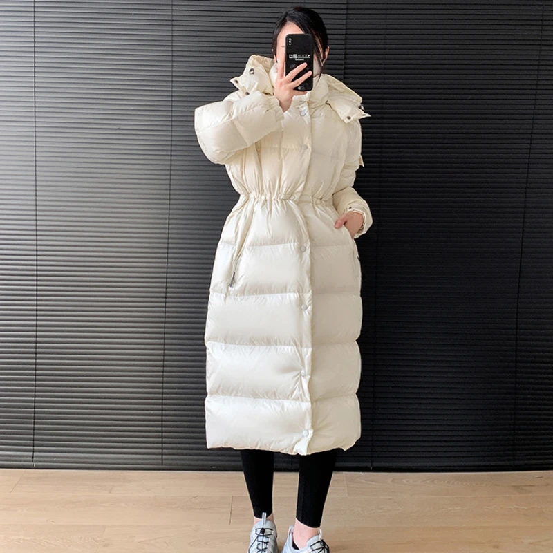 Women\'s Winter Jacket Long Coats Down Glossy Casual Slim Waist Down Jackets Thickened Windproof Hooded Snow Female Puffer Coats