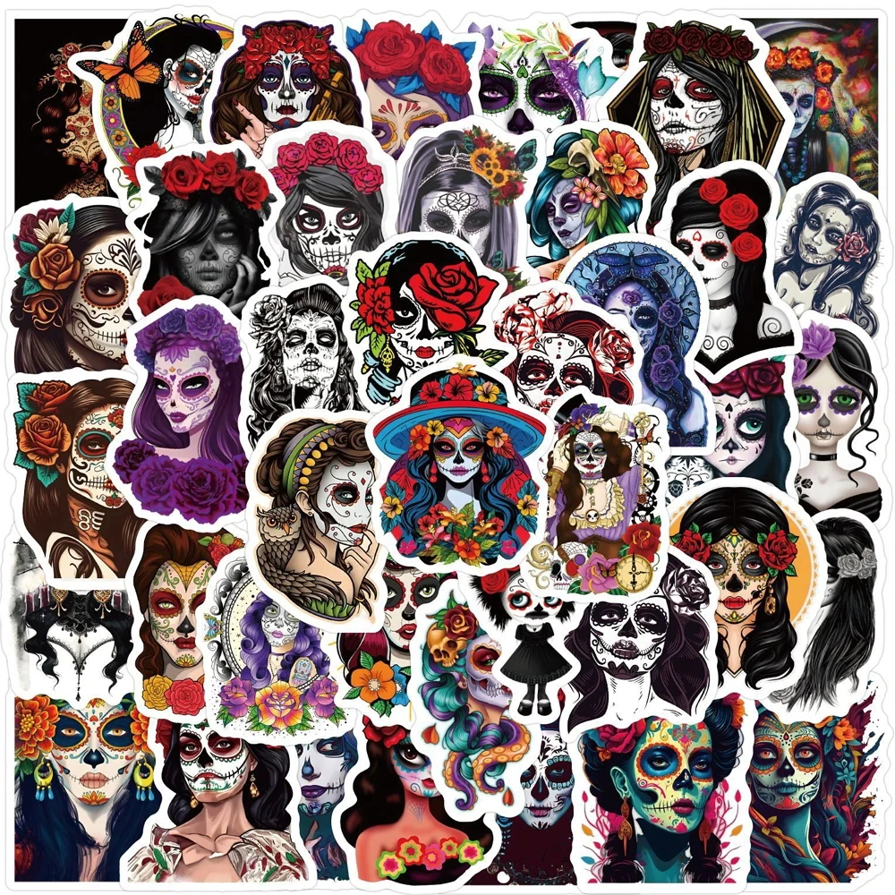 10/30/60PCS Day Of The Dead DE Los Muertos Graffiti Stickers Children's Cartoon Waterproof Mask Prank Makeup Prop Stickers