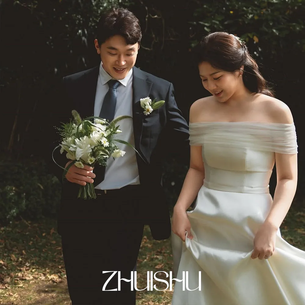 ZHUISHU Elegant Korean Wedding Dresses with Shawl Customized A Line Bridal Gown Satin Photo Shoot Dress for Self-Wedding