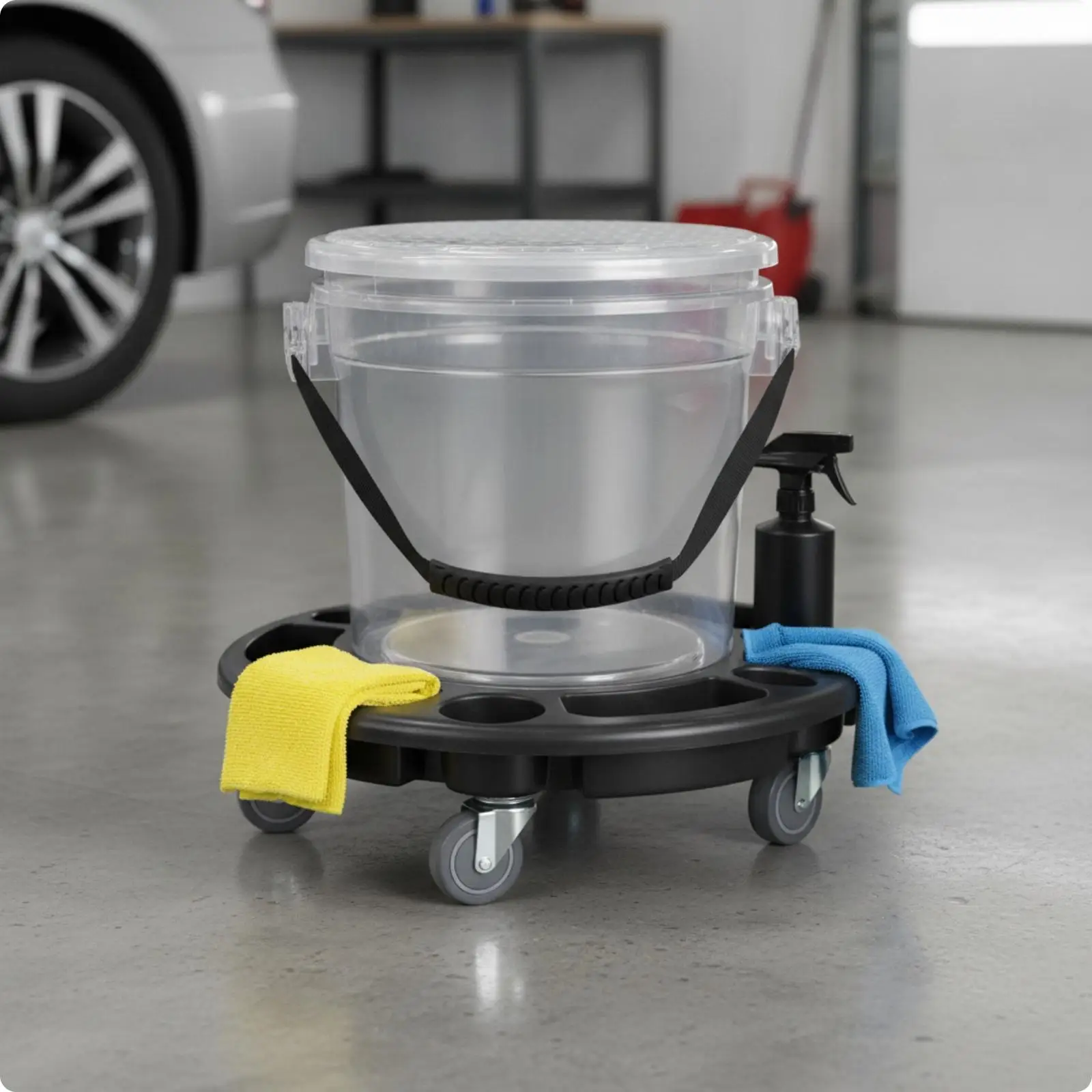 Heavy Duty Wheeled Car Wash Bucket Cart with Molded Side Cup Holders for Auto Care