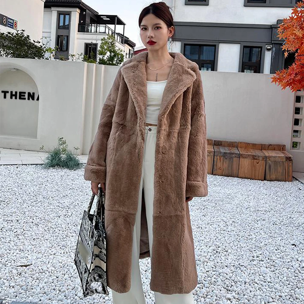Winter Long Real Rabbit Fur Coat Luxury Elegant Stylish Thick Warm Fluffy Hairy Soft Women Overcoat Sashes