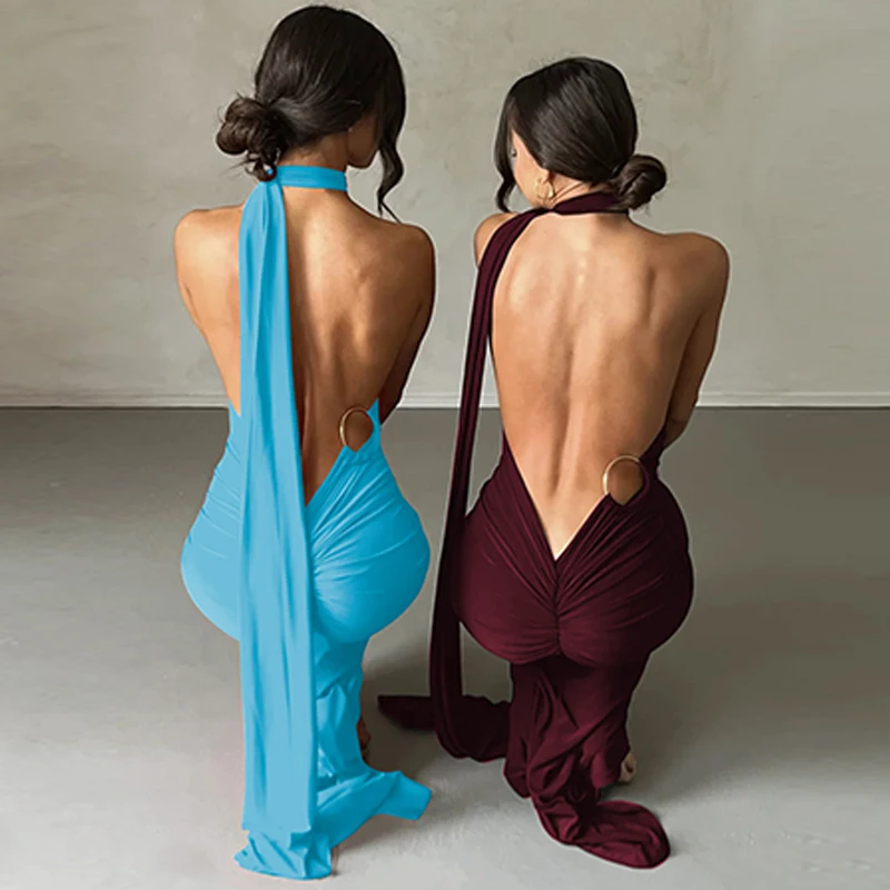 Hugcitar One Shoulder Backless Adjustable Scarf Loop Ruched Sexy Maxi Dress Women Elegant Y2K Streetwear Festival Outfit 277 Sfbb4601fdfa346faa4949cac55e54c62s