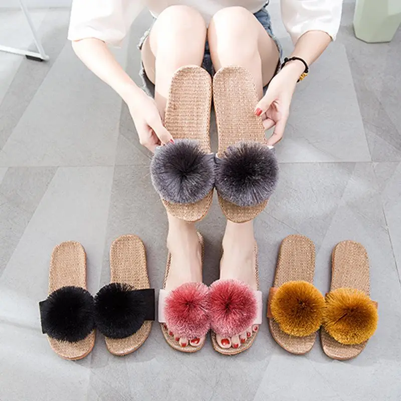 Linen Platform Slippers Women Home Hairball Designer Shoes Girls Fashion Casual House Elegant Slippers Flats Open Toe Indoor