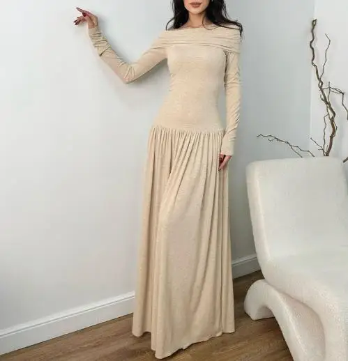 

French Dress Woman 2025 Autumn Women's Clothing Sexy One Shoulder Sexy Knitted Long Sleeved Dress, Low Waist Pleated Long Dress