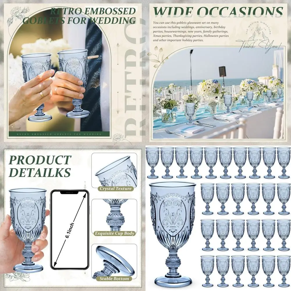 

Vintage 7.5oz Plastic Wine Glasses, Blue Embossed Goblets for Party, Wedding, Baby Shower, and Grand Events