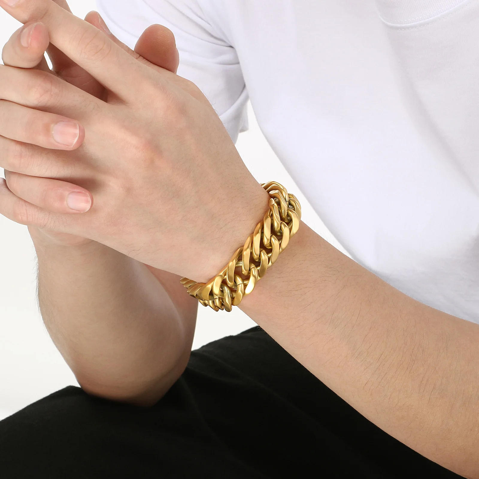 Hip-Hop Style Stainless Steel Creative Diagonal Square Ring Chain Temperament Silver Gold Black Color Bracelet For Men Jewely