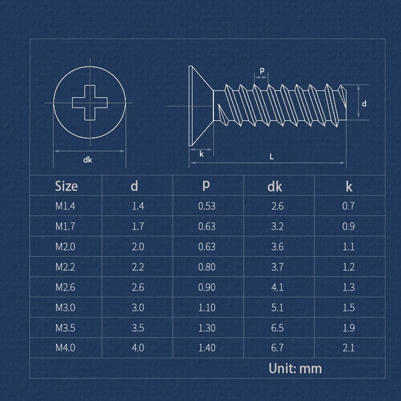 Carbon Steel Black Countersunk Head Flat Tail Self-tapping Screws Bolt Laptop M1.4 M2 M3 M3.5 M4 Mini Flat Head Phillips Screw