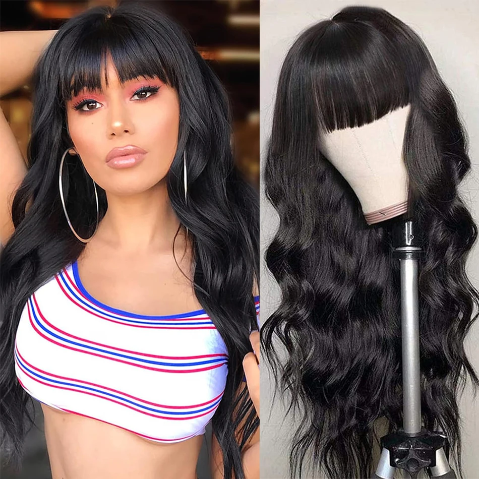 Long Body Wave Human Hair Wig With Bangs Full Machine Made Wig None Lace Wigs Peruvian Body Wave Wigs Glueless Wig Ready To Wear