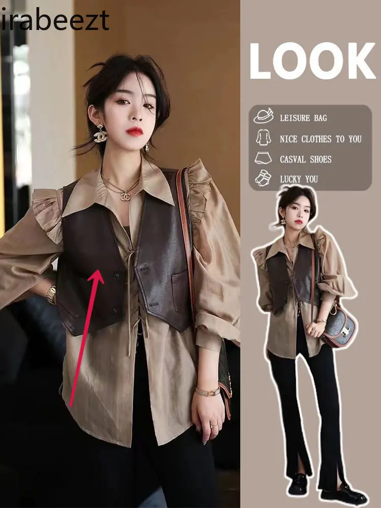 

Irabeezt Winter Leather Jackets Vests V-neck Pocket Vest Solid Ruffles Shirt Two Piece Sets Top Korean Fashion Female Cloting