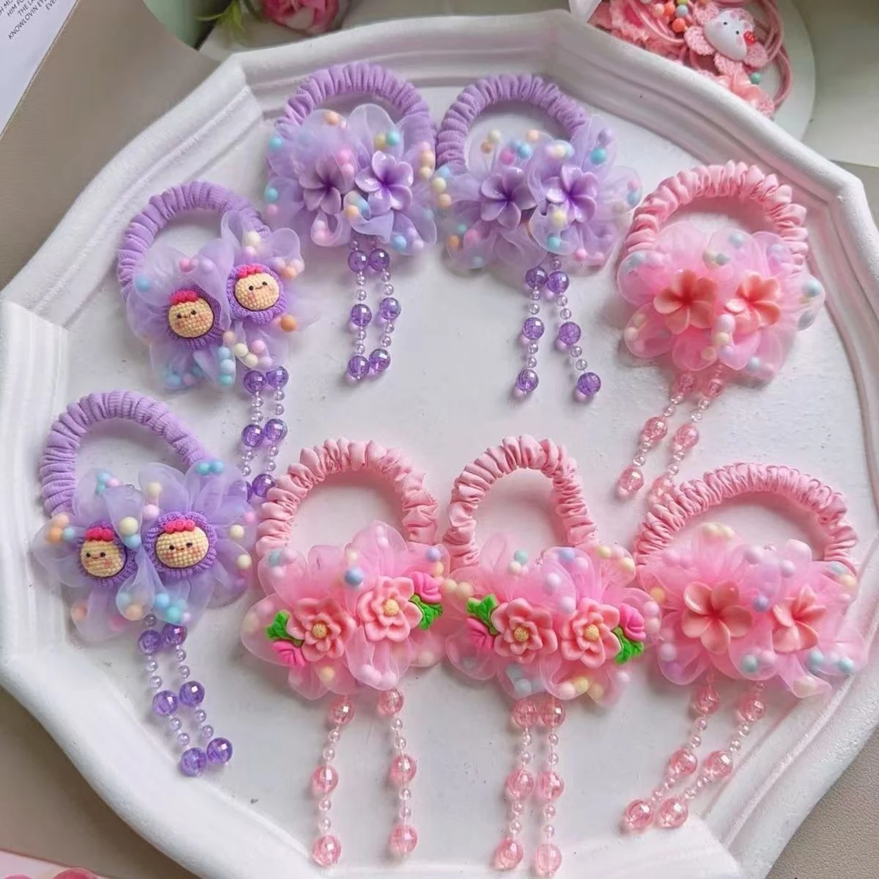 Cuerdas para el Cabello con Flores Rosas y Moradas, Accesorios para el Cabello de Niñas, Colgante de Cuentas, Borlas, Bandas Elásticas de Goma para Bebés Princesas