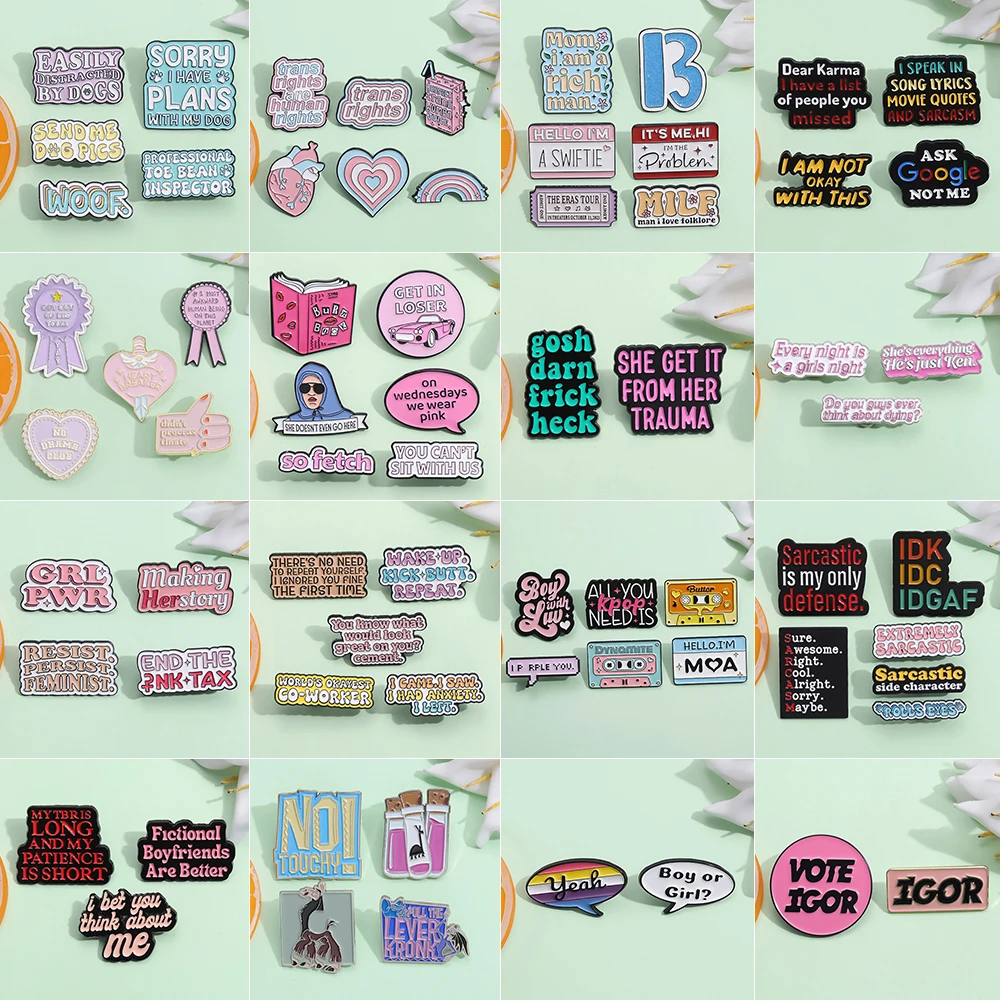 2-9Pcs Creative Text Metal Badge Set Cartoon Girl Envelope Tape Love Enamel Pins Fashion Pink Book Brooch Jewelry Gift Accessory