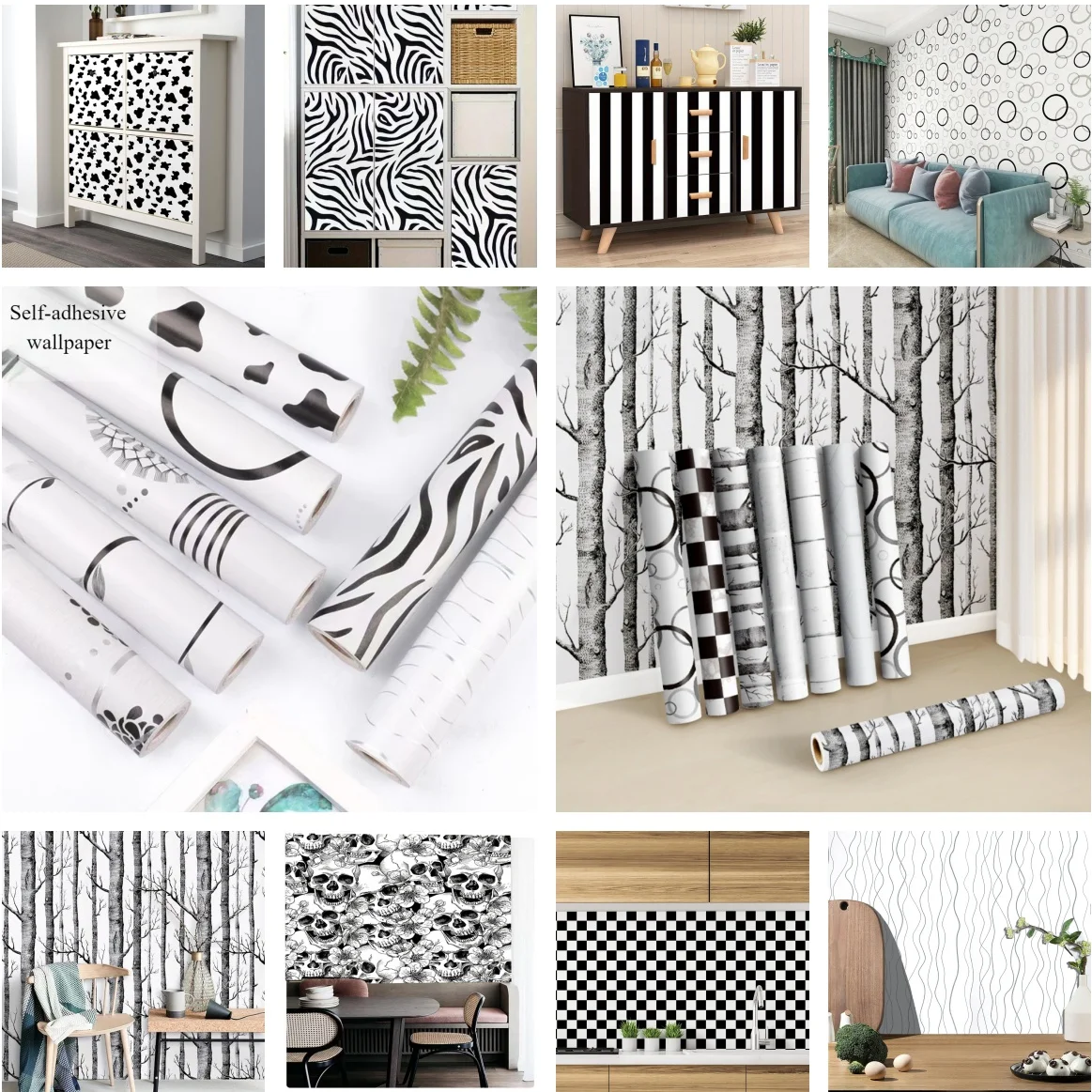 Black and White Self-adhesive Wallpaper Vinyl Contact Paper Waterproof Suitable for Living Room Bedroom Kitchen Home Decor DIY