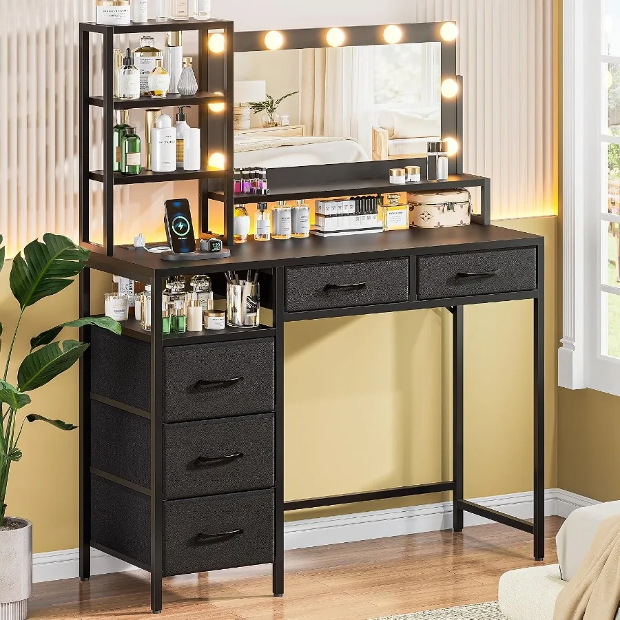 Vanity Desk with Mirror, 9 Lights, 3 Color Modes with Adjustable Brightness, 5 Spacious Fabric Drawers and Storage Shelves, Mak
