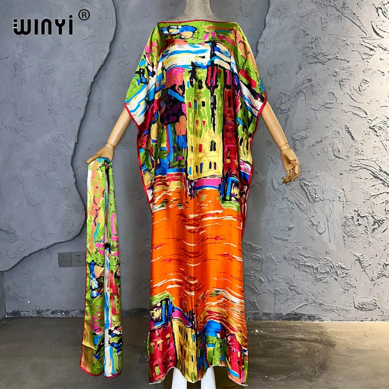 WINYI 2023 New African Muslim Lady Summer Boho Graffiti Printed Kaftan holiday Dress loose Kuwait fashion Streetwear Abaya