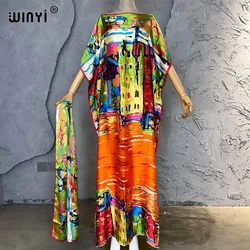 WINYI 2023 nowa afrykańska muzułmańska pani lato Boho nadrukowane Graffiti Kaftan sukienka na wakacje luźna kuwejt moda Streetwear Abaya