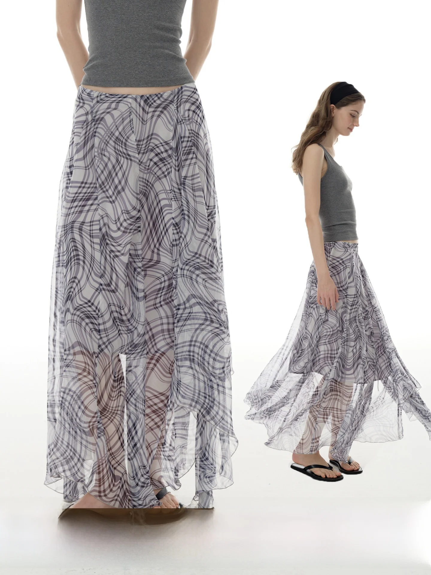 

Ретро-юбка миди свободного кроя А-силуэта с асимметричным подолом в клетку, драпированная, универсальная, повседневная, с низкой талией, из полиэфирного волокна