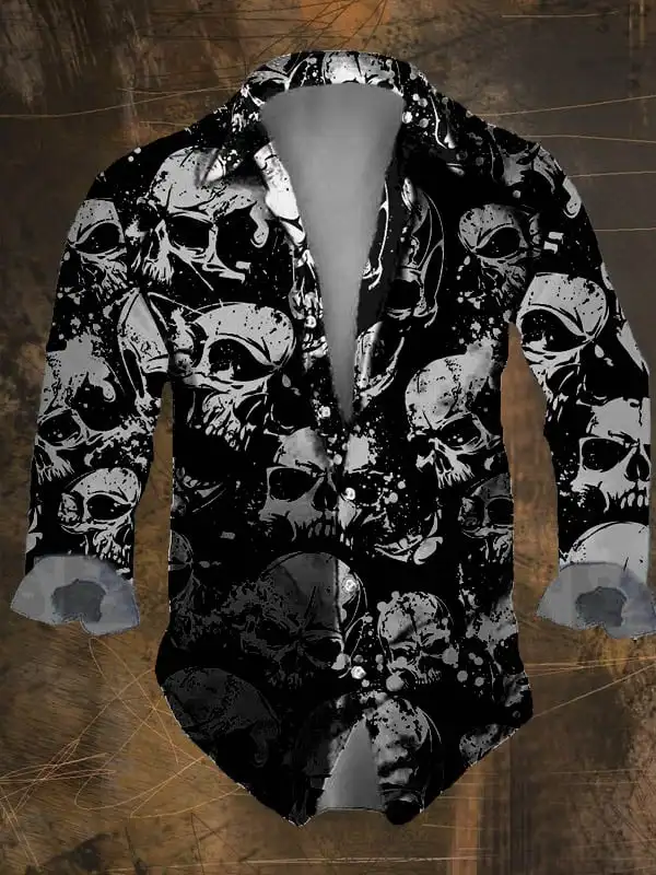 2024 Halloween Men\'s Retro Dark Skull Prints Long Sleeve Shirt-Skull Prints Black Tops Regular Fit,Lapel Collar, Polyester Blend