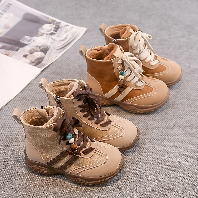 

Детские полусапожки, замшевые теплые детские кожаные сапоги в полоску с боковой молнией, новинка зимы 2024, повседневные ботинки для мальчиков и девочек с круглым носком