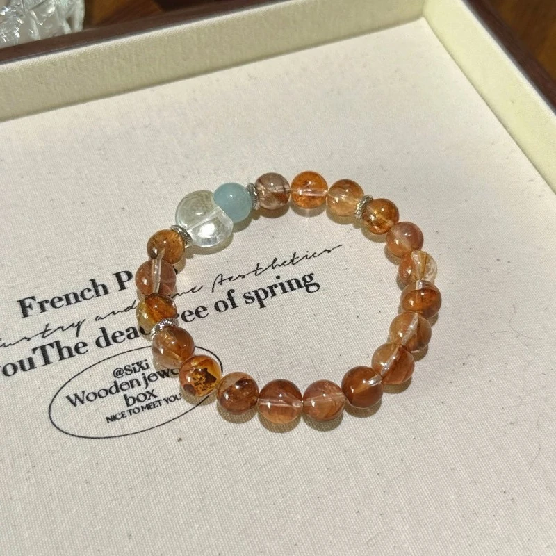 

Natural Crystal Crafts Red Glue Flower Aquamarine White Crystal Moon Bracelet Beads Bracelets Reiki Healing Stone