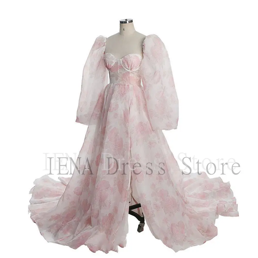 14812 # IENA Pink New Floral Printing Silk Organza abito premaman per Baby Shower Photography Photo Shoot Dress puntelli Lace up Back