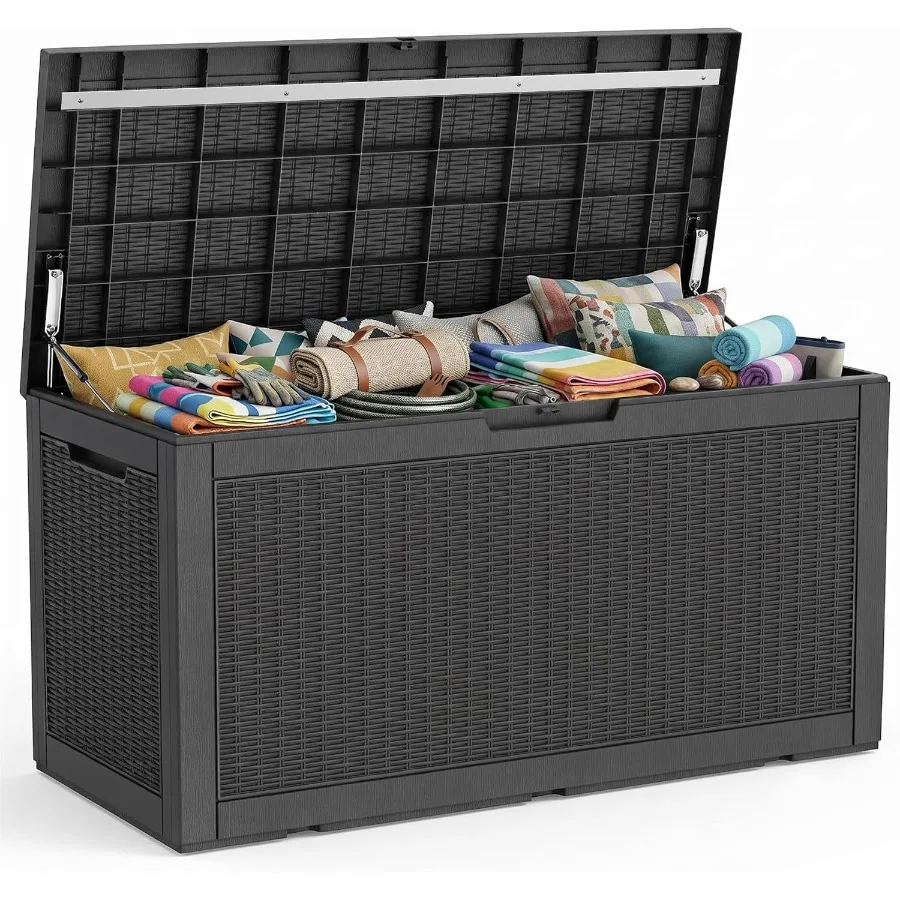 Outdoor resin deck box for patio furniture and garden tools storage waterproof, lockable, gray, durable weather-resistant desig