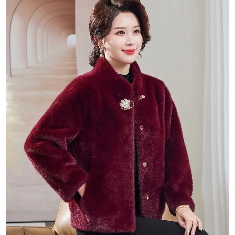 Abrigo de piel sintética para mujer, abrigo de lana de visón con cuello levantado, chaqueta de piel corta de manga larga de felpa y respetuosa con el medio ambiente Wh114