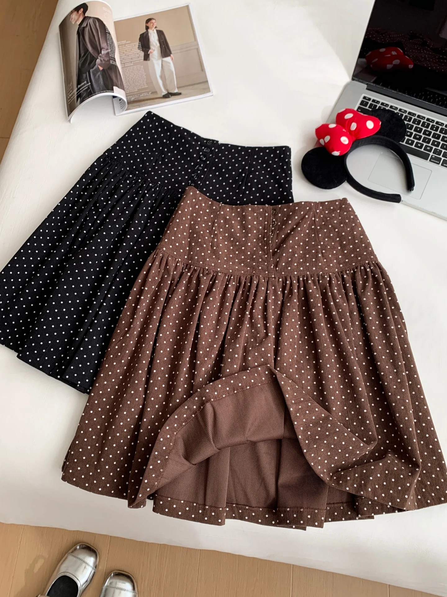 

Вельветовое платье трапециевидной формы с высокой талией для женщин, винтажные однотонные юбки в горошек, универсальные свободные юбки до щиколотки для поездок на работу