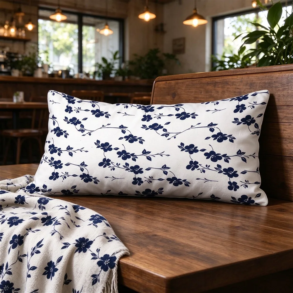 Blue White Cornflower Ditsy Print Long Pillow Cover, Meadow Style, Cafe Decorative, Polyester, Floor Pillow, Colorfast