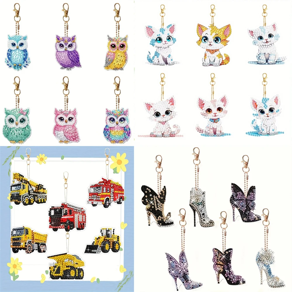 6Pcs/SetDIY Diamond Painting Keychain - Animal Owl Pattern, DIY Decoration, Diamond Kit Craft Supplies, Handmade Mosaic Painting