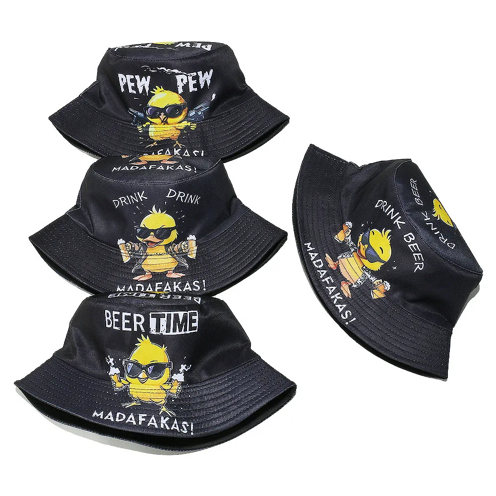 1pc Trendy Printed Double-sided Bucket Hat,rock Street Style Duck Chicken Letter Beer Panama Cap Caps for Outdoor Sunshade Hot